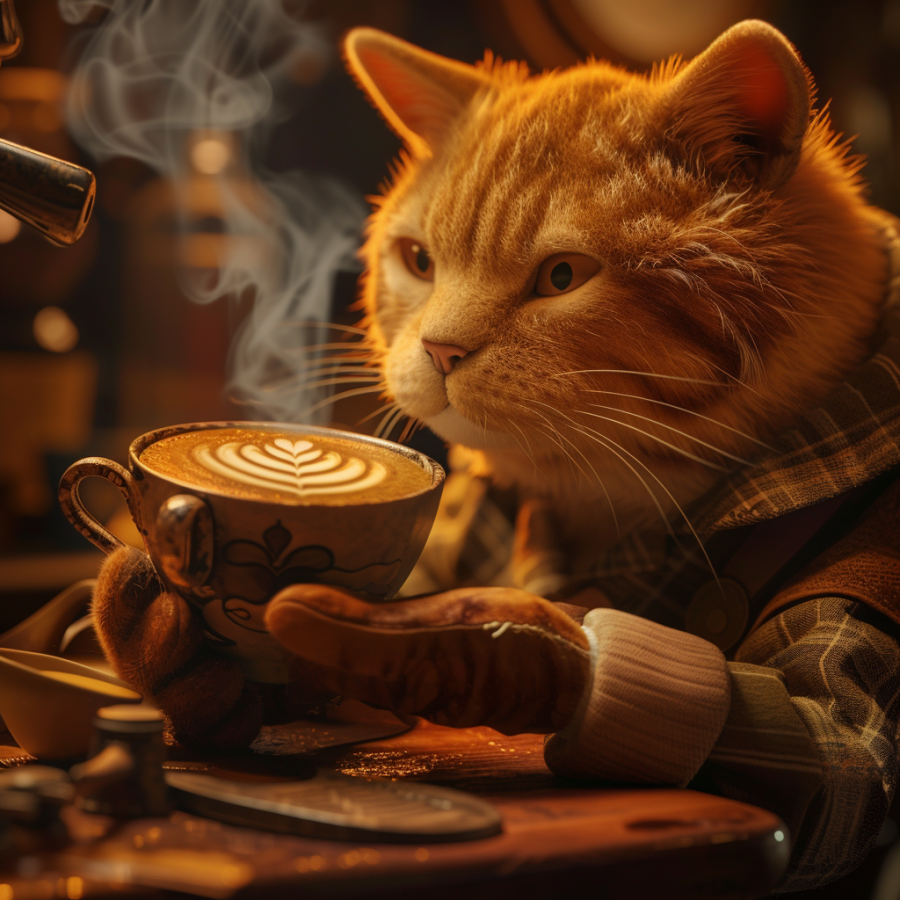 Anthropomorphic cat barista crafting a latte