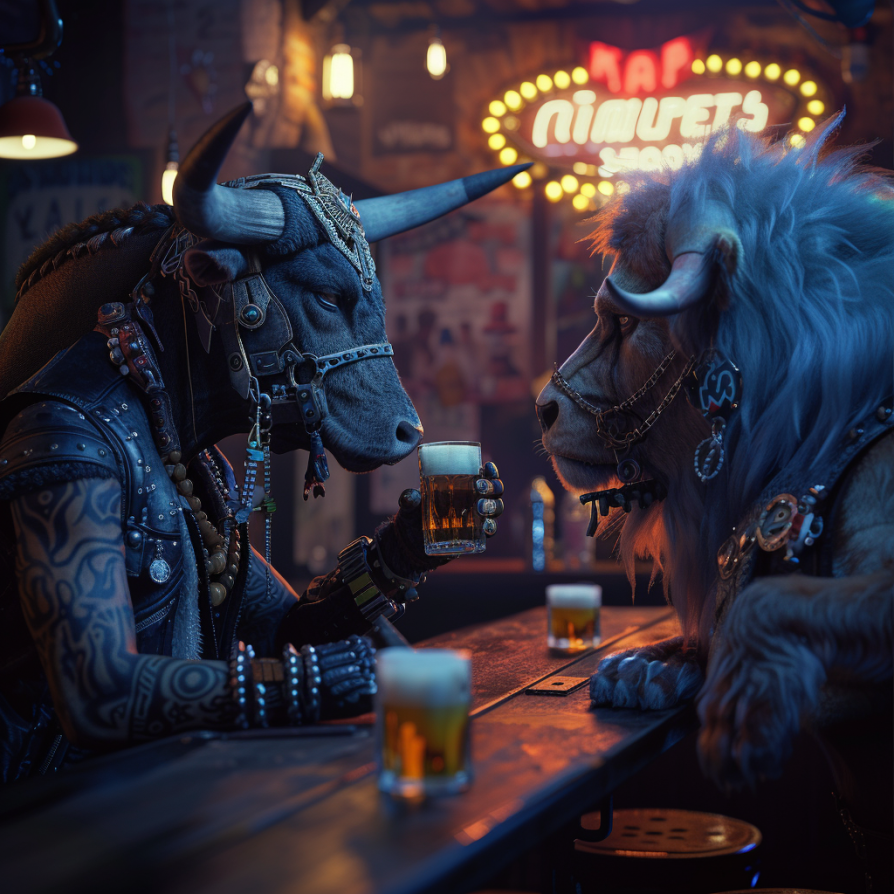 Anthropomorphic bull in a biker outfit
